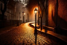 A Solitary Street Lamp Casting A Warm Glow On A Quiet Cobblestone Pathway, Shadows Stretching Across The Ground As A Light Mist Settles In.