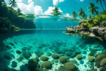 A Panoramic Vista Of A Vibrant Lagoon Fringed By Coral Reefs, Showcasing A Kaleidoscope Of Blues, Greens, And Turquoise Under The Midday Sun.