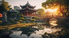 A Traditional Chinese Garden Adorned With Classical Architecture