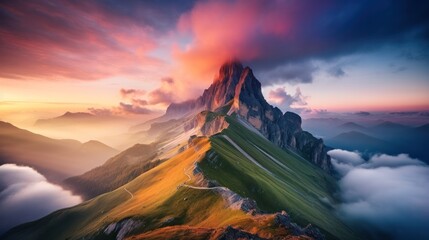 Beautiful landscape, Seceda Mountain on summer at dolomites, Italy, sunrise lighting