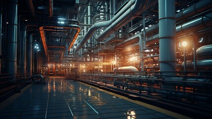 Aufkleber - The interior of a large industrial building or factory with steel structures and modern equipment, an inside of oil refining plant, pipes, oil storage facilities.