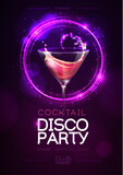 Fototapeta  - Disco modern cocktail party poster with neon violet sphere and realistic 3d cosmopolitan cocktail. Vector illustration