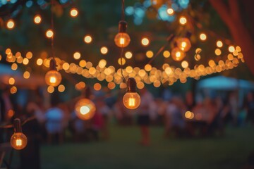 Wall Mural - Outdoor party with lamp garlands and many people silhouettes, blurred background. AI generative