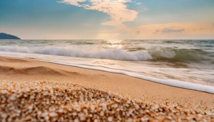 Wall Mural - Close up sand with blurred sea sky background, summer day, copy space or for product. Summer 