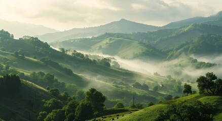 Sticker - Misty morning over lush green rolling hills with sunlight filtering through the haze.