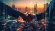 Double exposure of Business person handshake for agreement and success
