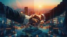 Double Exposure Of Business Person Handshake For Agreement And Success