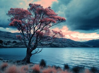 Sticker - Solitary tree with pink foliage by a tranquil lake against a moody blue sky with clouds.