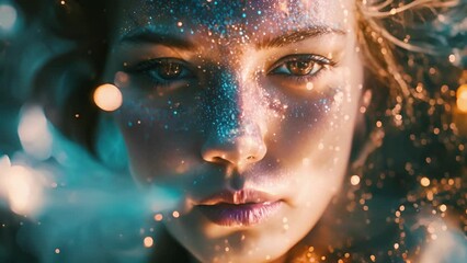 Wall Mural - A portrait of a woman with a galaxyinspired headpiece and cosmic body paint, her eyes piercing through a cloud of shimmering particles.