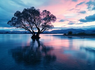 Wall Mural - Solitary tree in water at twilight with colorful sky reflections.