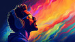 © TRAVELARIUM - Portrait of man in headphones immersed in music singing song against abstract background of multicolored waves, favorite hobby and emotional release through singing to music