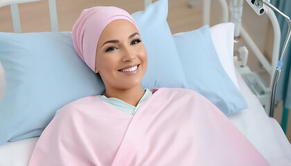 Wall Mural - High-angle man with cancer and light pink cloth Front view smiley woman portrait in hospital bed. Ai Generative