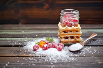 waffles with powdered sugar and raspberries on a rustic wooden table