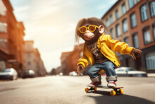 Cute Teenage Monkey In Sunglasses, Yellow Jacket Rides On Skateboard Down Street. Animal Character.