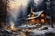 A cozy cabin nestled in the mountains offers a respite from the cold. Smoke curls from the chimney, and a warm light shines from the windows. Generative AI