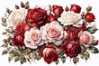 bouquet of watercolor roses, pastel pink and red blooms, white background, framework for greetings and invitations