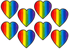 Pattern Of Hearts On A White Background. The Hearts Have Rainbow Colors And A Black Outline. The Colors Are Drawn With Colored Pencils In Vertical Stripes. Arranged In A Checkerboard Pattern. LGBT.