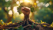 Big tree with roots and a raised fist representing black history month concept, with African roots, in a beautiful HD background.