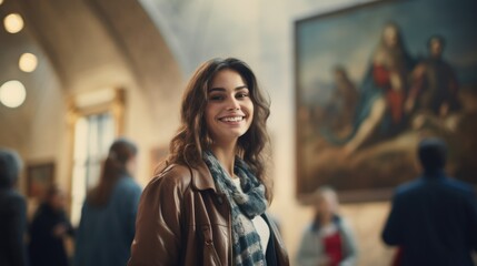 Tourist at the museum, portrait on blurred background, art museum