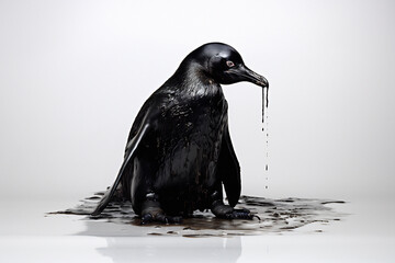 Penguin crude oil contamination. Environmental impact concept, isolated white background. AI generative image.