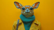 A stylish fennec fox with large ears wearing oversized glasses on a yellow background.