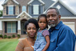 Portrait of an African American family grandparent and granddaughter standing together in front of a house outdoors and looking at camera