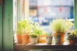 fresh herbs in pots near sunny store window