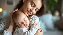 Loving Mom Carrying Her Newborn Baby At Home. Bright Portrait Of Happy Mum Holds Sleeping Infant Child On Hands