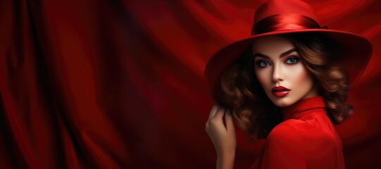 Elegant lady in wide brimmed hat with red lips makeup on burgundy background. Young and beautiful woman is ready for vacation or party. Retro fashion concept. Banner with copy space