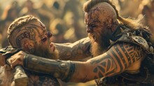 Norse Mythology Unleashed: Epic Viking Warrior Engages In A Cinematic Battle Of Sparring