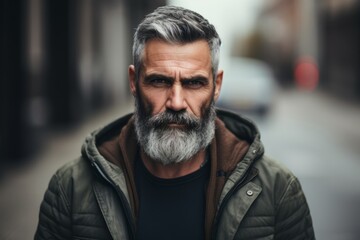 Wall Mural - Portrait of a handsome bearded man with gray beard and mustache in the city