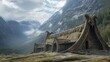 Epic Viking Warrior Scene: Mythological Norse Longhouse with Dragon Head Carvings, Set against Rugged Mountain Backdrop
