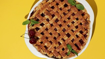 Canvas Print - Flat lay of delicious homemade cherry pie with Flaky Crust sprinkled with sugar rotating on the yellow background. American traditional cherry tart.