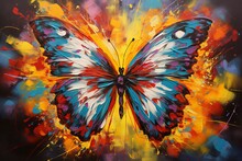 Abstract Painting Of A Butterfly With Colorful Wings And Splashes On Canvas