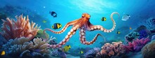 A Octopus Squid In A Beautiful Blue Ocean  With Fishes, Seaweed And Corals. Turquoise Water Color. Background Wallpaper