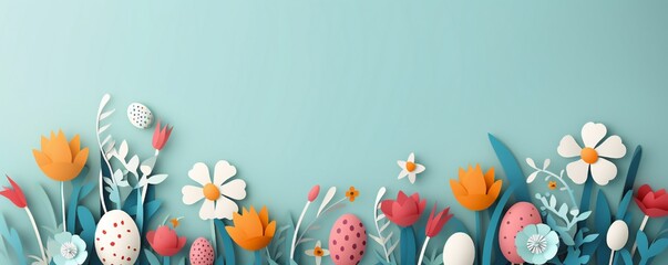 Wall Mural - paper cut easter banner with colorful eggs, grass and flowers, with empty copy space generative ai