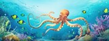 Fototapeta Dziecięca - a octopus squid in a beautiful blue ocean  with fishes, seaweed and corals. turquoise water color. background wallpaper