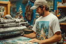 Man Creating A Unique Design On A T-shirt By Printing