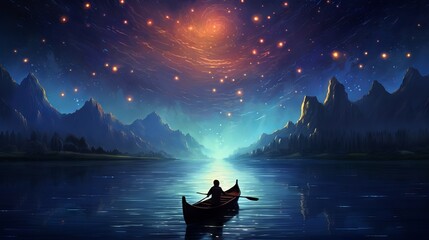 Wall Mural - Boy exploring the starry night sea with a glowing boat, digital art illustration