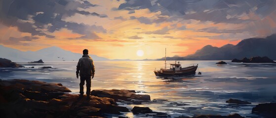 Wall Mural - Fisherman, ships, boat, sea landscape: a set of oil paintings inspired by the beauty and diversity of the ocean