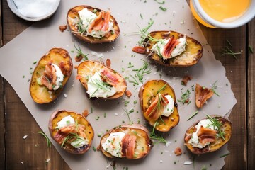 Sticker - grilled potato skins with melting cheese overhead shot