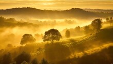 Rows Of Hills And Trees Covered With Yellow Fog Illuminated By The Rays Of The Rising Sun.
