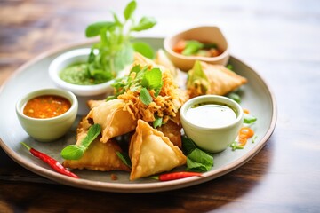 Wall Mural - samosa platter with tamarind and mint chutneys