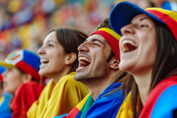 Poster - Capture the vibrant atmosphere in a stadium where fans from various countries are gathered for a European Football Championship match. 