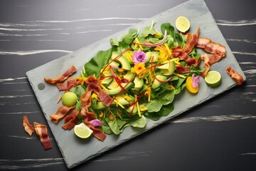 Wall Mural - spinach bacon salad with avocado slices arranged on a slate board