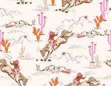 Cute Rodeo Cowgirl  Seamless Vector Pattern. Howdy Cowboy Boots, In Desert  Repeating Background. Wild West Surface Pattern Design Wild West Surface
