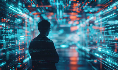 Poster - The technology innovator persona with a glitch effect on a holographic screen, emphasizes the intersection of technology and forward-thinking business