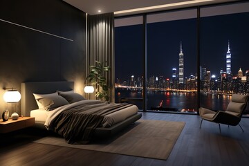 Wall Mural - a luxurious bedroom with a view of the city skyline at night. The room has a modern design with a cozy feel, featuring a large bed, a chair, and a plant.