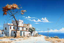 View Of A Small Village With Old Houses And A Road By The Sea, A Summer Landscape With A Clear Blue Sky