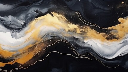 Wall Mural - Luxury abstract fluid art painting background with black and gold colors using alcohol ink technique